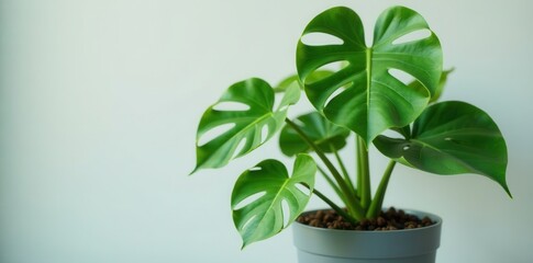 Close-up of Monstera deliciosa leaves in gray pot, texture, foliage, leaves