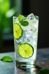 chilled glass with gin and tonic, lime slices , citrus, clear glassware, clear glass