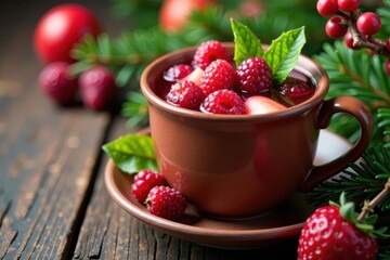 Clay cup filled with vibrant fruit punch surrounded by festive holly and pine, holly, clay, punch