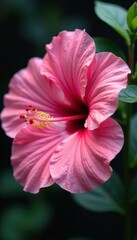Fully opened pink hibiscus, showing stamen, dew drops, vibrant, aesthetic, background
