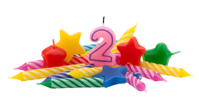 Colorful Birthday Candles Number Two Star Shapes and Swirls for Celebration