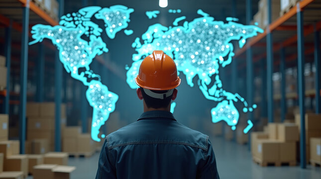 Photorealistic image of a worker in an orange hard hat from behind, looking at a large glowing transparent holographic world map with network lines, inside a warehouse filled with stacked boxes.