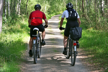 Fototapeta premium Cyclists exploring a peaceful trail through lush greenery