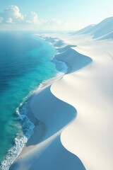 Glistening white dunes slope gently to the ocean's edge, beautiful, seascape, sky