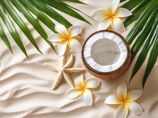 Top View Tropical Beach Vacation Scene with Coconut Starfish and Plumeria Flowers on White Sand