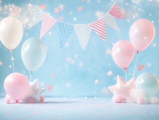 Playful Baby Shower or Birthday Party Background with Pastel Balloons Bunting and Sparkling Elements