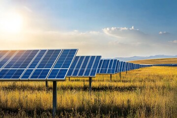 Solar Panels in a Vast Field Reflecting Clear Sky, Symbolizing Renewable Energy and Eco-Friendly Technology