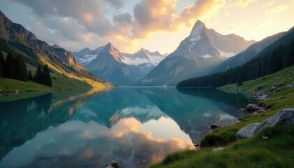 Fototapeta premium Golden light bathes lake, sharp Tatra peaks in background, forest, breathtaking, trees