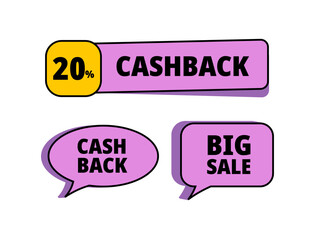 A set of vibrant purple and yellow promotional stickers, including 