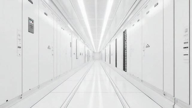 A clean, white server room hallway.  Rows of  equipment enclosures line both sides of a wide, empty corridor