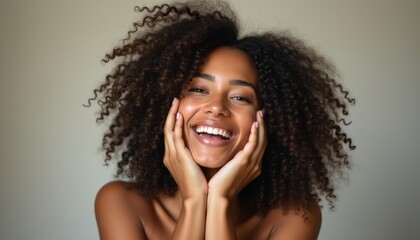 Joyful woman with curly hair radiating happiness