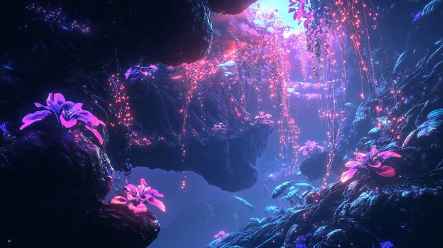 Surreal Alien Jungle with Metallic Leaves and Cybernetic Vines in a Sci-Fi Fantasy World