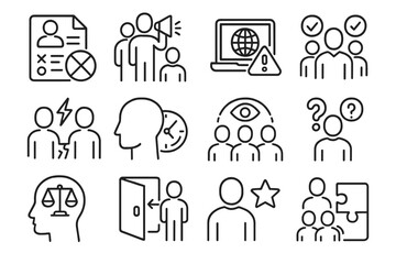 Outline icons depicting business, communication, and team concepts