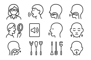 Speech therapy icons illustrating techniques and tools for vocal improvement