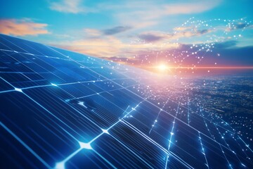 Solar Panel Converting Sunlight into Electricity with Abstract Energy Waves and Futuristic Power Grid