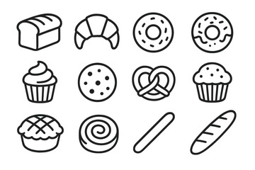 Collection of bakery icons: bread, croissant, donut, cupcake, pretzel