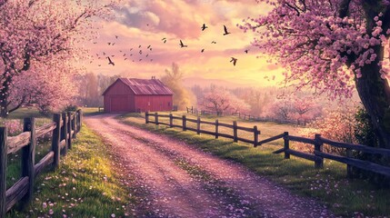 Picturesque Countryside Road with Blooming Trees and Red Barn at Sunset in Spring