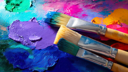 Obraz premium Colorful paint palette with brushes highlighting artistic creation process