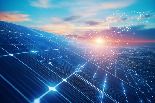 Solar Panel Converting Sunlight into Electricity with Abstract Energy Waves and Futuristic Power Grid