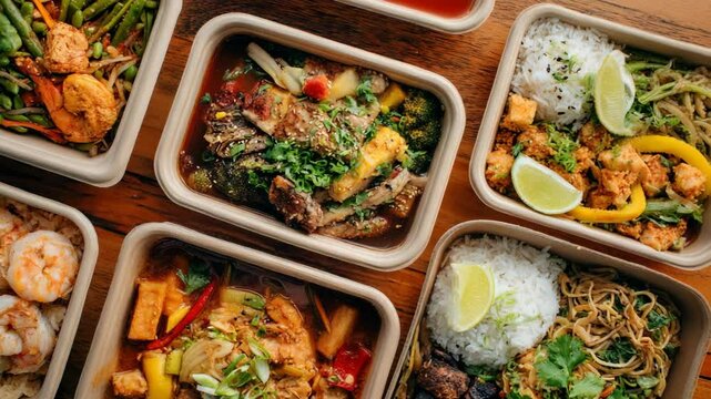 Assorted Asian meal prep containers on a wooden surface
