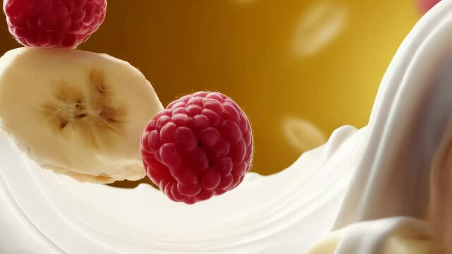 Delicious smoothie creation with fresh bananas and raspberries, showcasing vibrant colors and textures in a kitchen setting