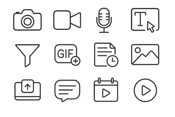 Set of media icons including camera, video, microphone, text, and image
