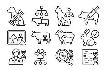 Animal genetics icons - dna, pets, livestock, doctor, magnifying glass