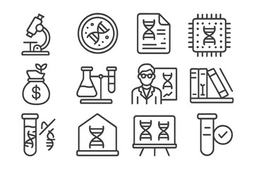 Dna research icons: microscope, lab equipment, scientist, genetic analysis