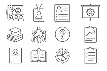Educational and business icons on brushed metal background