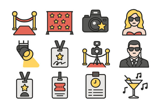 Celebrity event icons - red carpet, camera, vip access, spotlight, cocktail