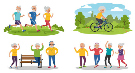 Active Seniors Enjoying Various Outdoor Activities and Exercises