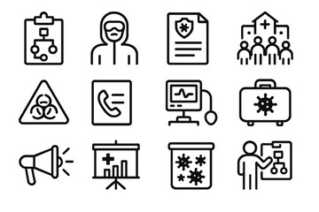 Dark thematic icons on biohazard, virus, and data security