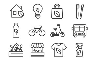 Eco-friendly icons illustrating sustainable living and green alternatives