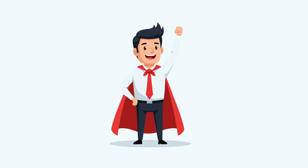 Cartoon Superhero with Red Cape and Raised Fist