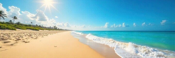 Golden sand stretches under a vibrant blue sky, waves gently lapping the shore Perfect summer getaway vibes! Sun-kissed beach scene, ideal for travel and vacation imagery , landscape, water