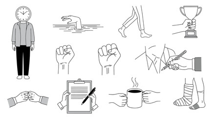 Collection of Line Art Illustrations Depicting Human Actions and Emotions