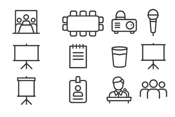 Conference icons: microphone, projector, presenter, audience, notepad, screen