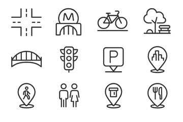 Urban transportation and amenities icon set with minimalist design