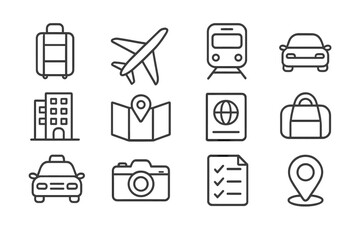 Travel icon set: transportation, accommodation, navigation, and documentation
