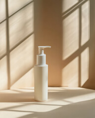 Sunlight illuminates a minimalist skincare bottle on a simple background