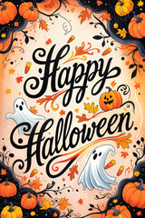Happy halloween background with pumpkins and ghosts. AI generated.