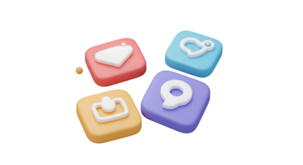 Four pastel colored square icons with white symbols in a 3D render