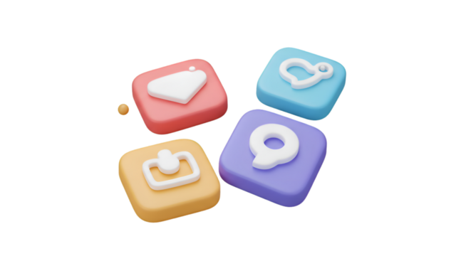 Four pastel colored square icons with white symbols in a 3D render