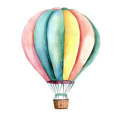 Colorful watercolor hot air balloon with vibrant panels and basket