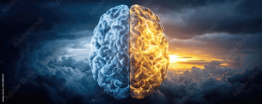 Poster Brain and emotion including fear and mental balance concept. Abstract representation of duality in human thought and emotion.