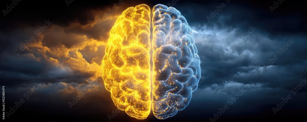 Poster Brain and emotion including fear and mental balance concept. Illustration of a brain split into contrasting colors representing thought.