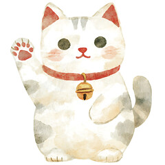 Watercolor illustration of cute cat with bell collar, waving paw