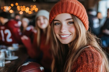 Happy female sports fan holding a baseball catches the moment as the team celebrates in the bar behind her