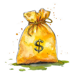 Watercolor illustration of money bag with dollar sign, tied top