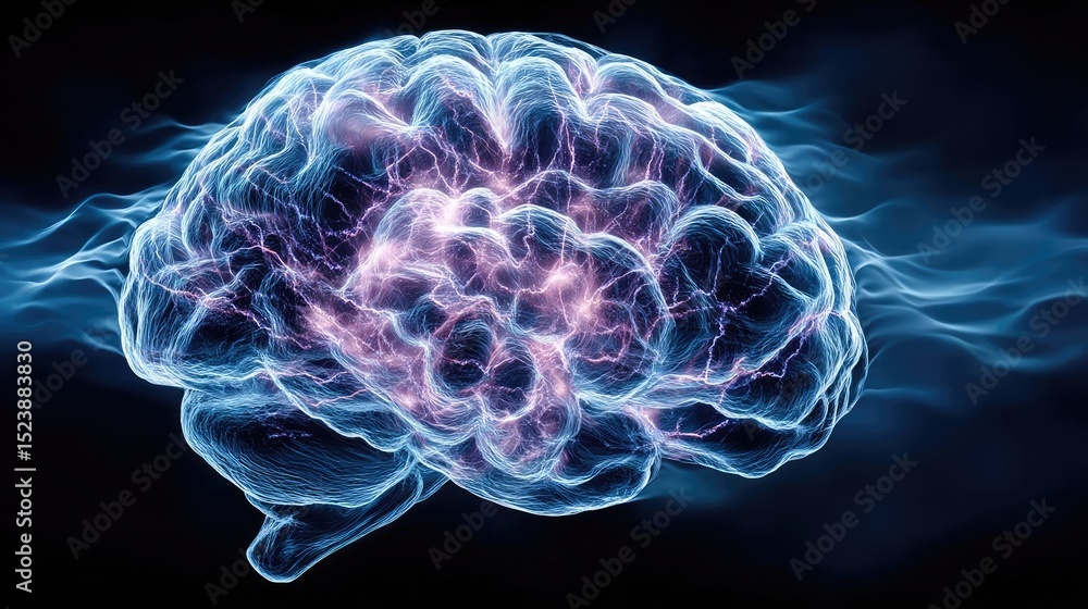 Poster brain and emotion including fear and mental balance concept. a glowing brain illustration showcasing